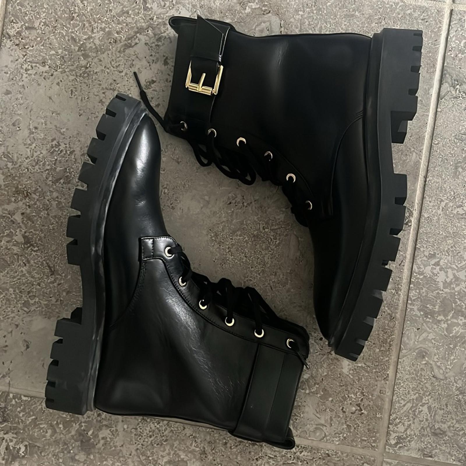 Stuart Weitzman Ultra Lug Sole Buckle Combat Boots in Black, US 10/EU 40.5 NWT