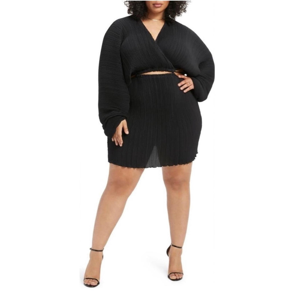 Good American Plissé Sculpted Long Sleeve Cutout Black Mini Dress, NWT, Size 3/4