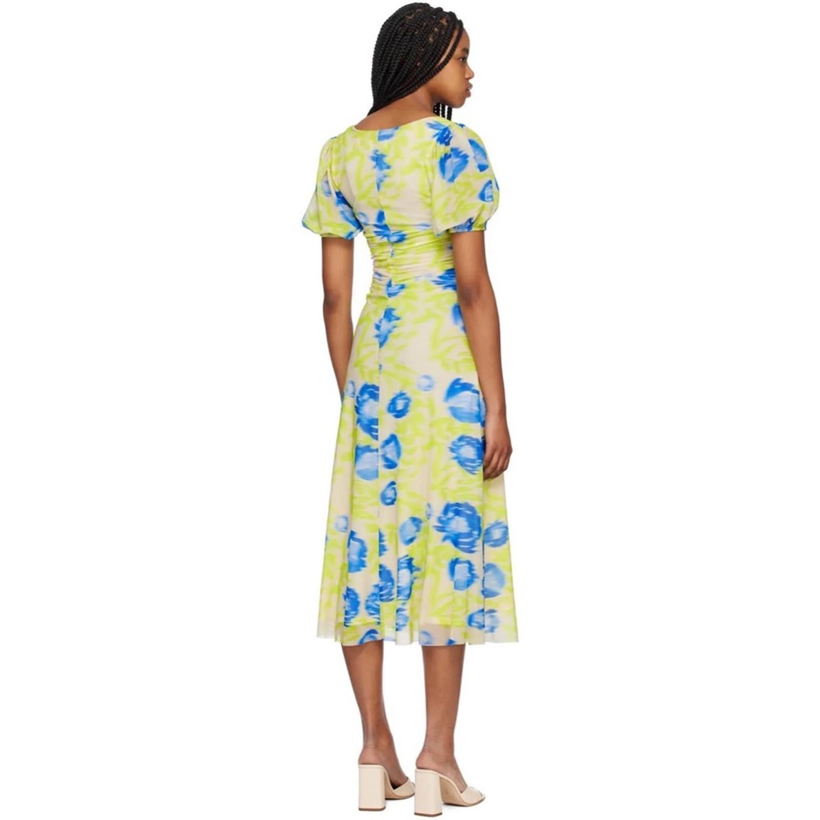 GANNI Crisscross Abstract-Printed Mesh Puff-Sleeve Midi Dress New w/Tag $445