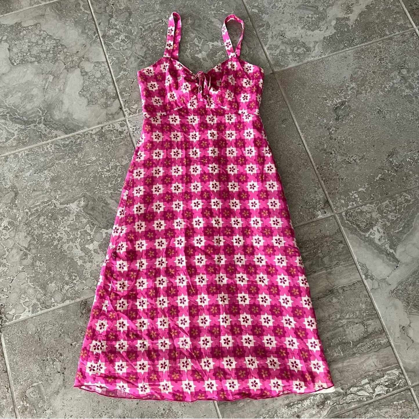 $518 Anna Sui Utopian Gingham Cotton Slip Dress in Neon Pink, Size 2