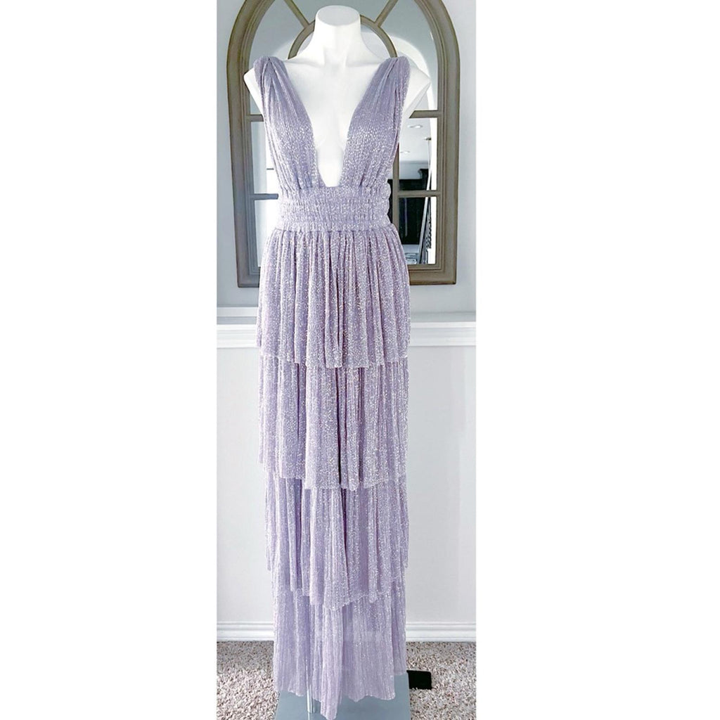 Sabina Musayev Alpha Pleated Knit Layered Maxi Dress, Lilac/Purple Size XL NEW