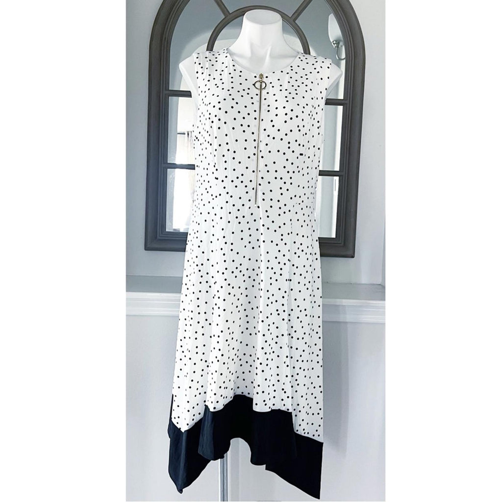 DKNY Polka Dot High Low Midi Dress in White & Black, Size 14, New w/Tag