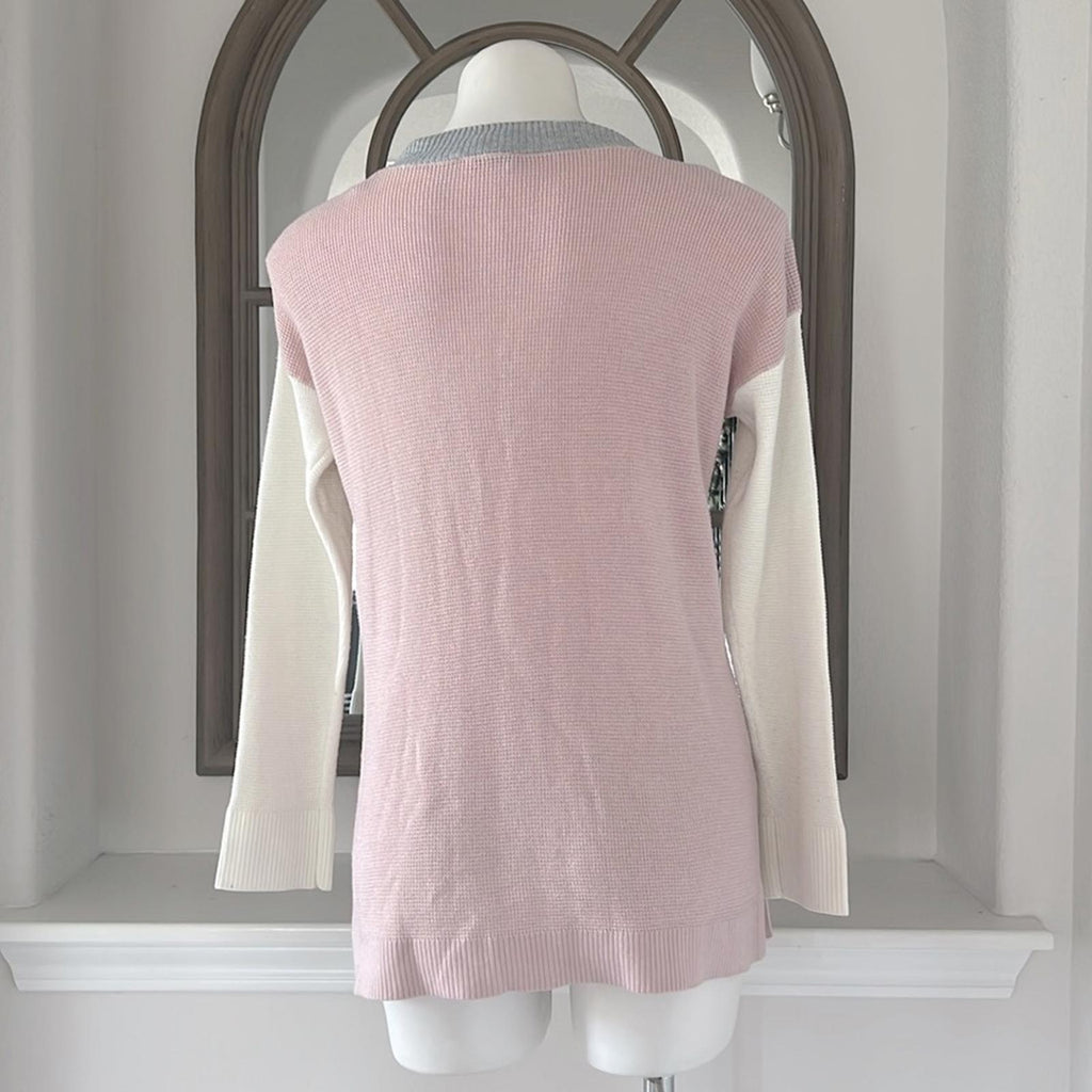 NEW Vince Camuto Button Detail Slitted Sides ColorBlock Sweater Soft Pink Size S