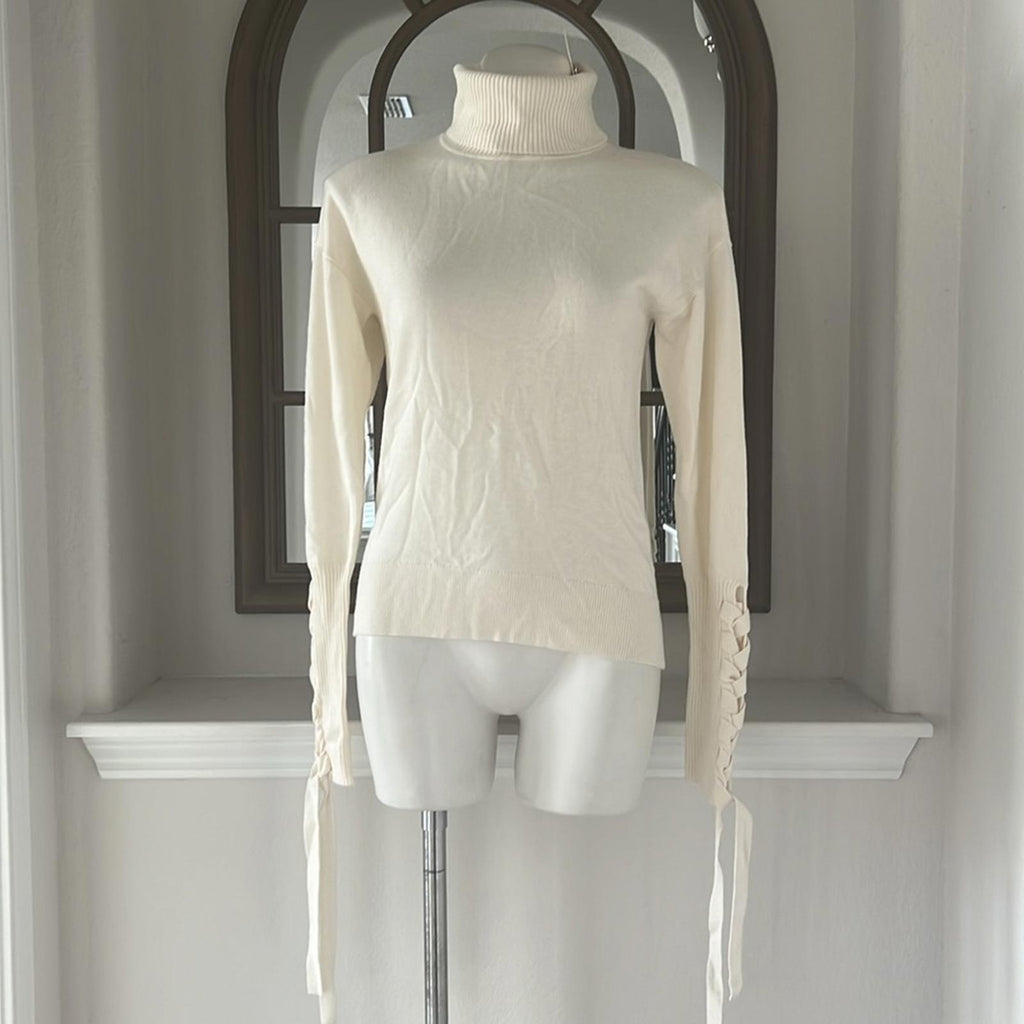 Ramy Brook Walt Turtle Neck Long Lace-up Sleeve Top In Cream, Size S New w/Tag