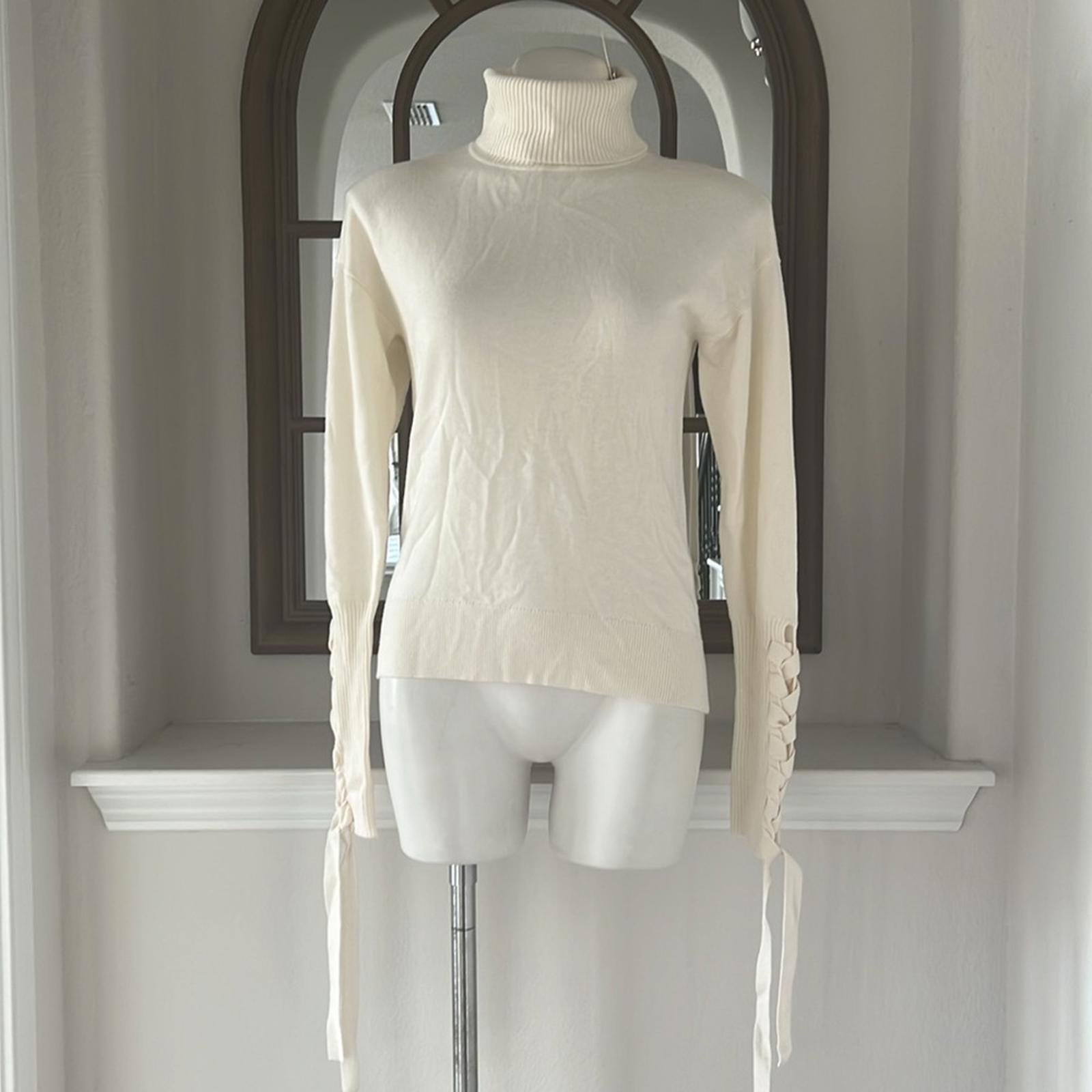 Ramy Brook Walt Turtle Neck Long Lace-up Sleeve Top In Cream, Size S New w/Tag