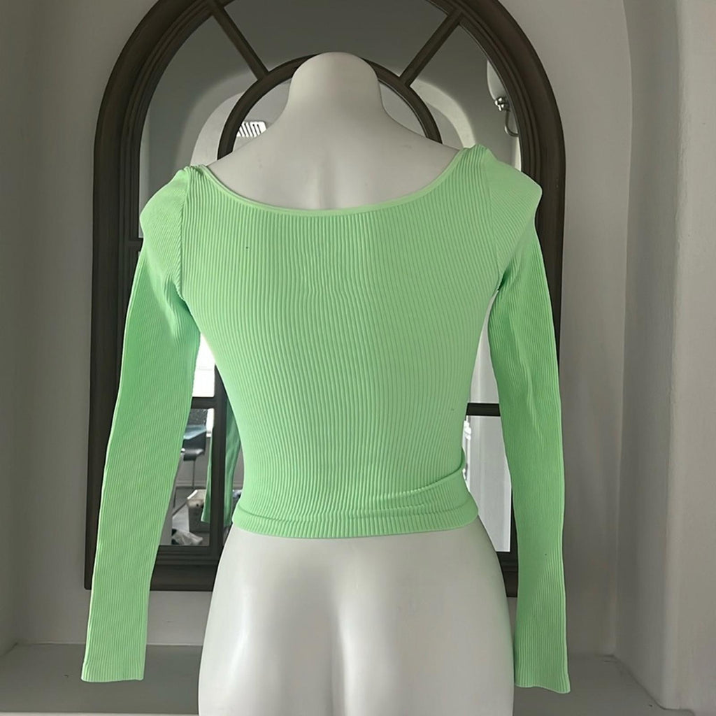 NEW Free People Meg Rib Long Sleeve Cropped Top in Lt Green Size M/L New w/o Tag
