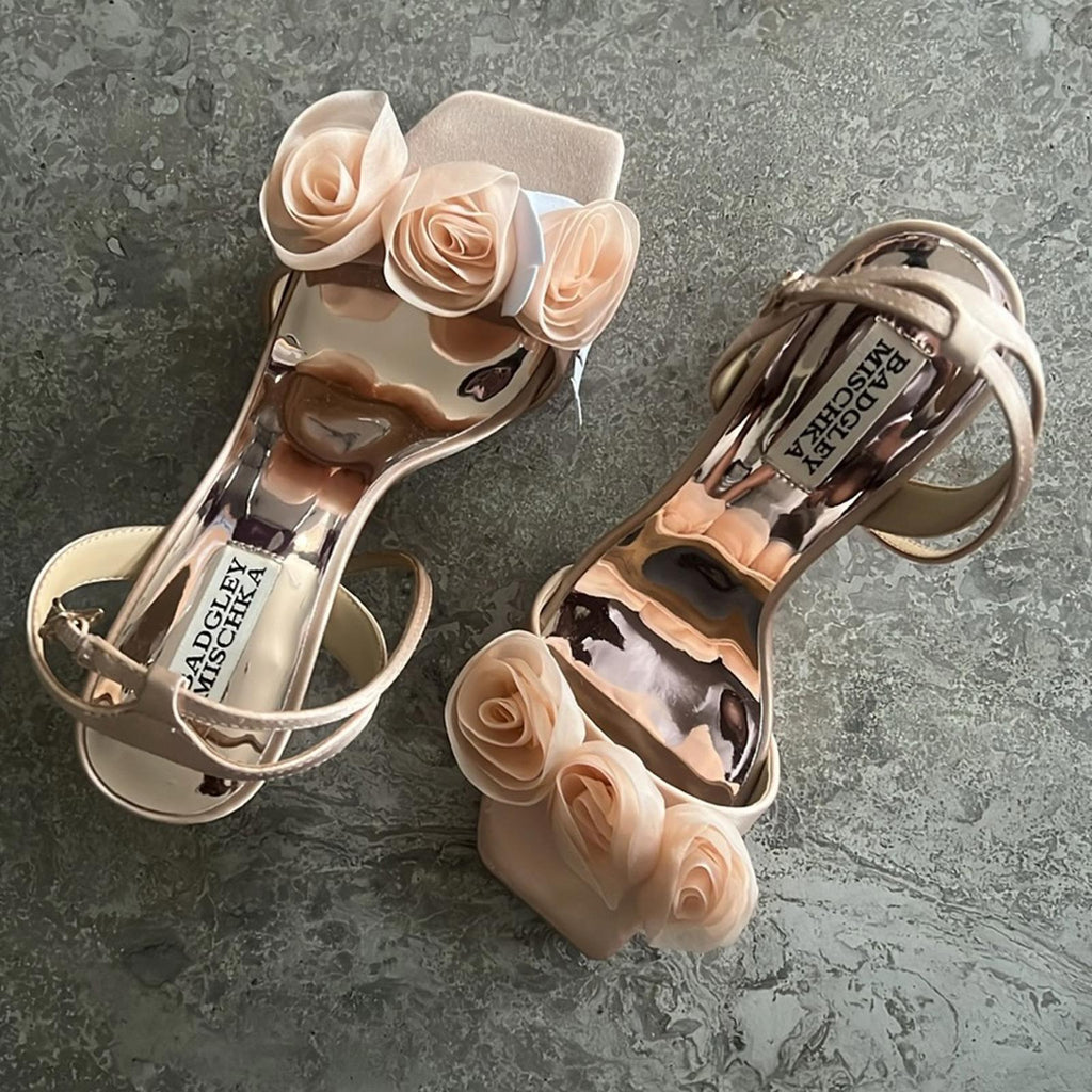 Badgley Mischka Carli Square Toe Triple Flower High Heel Sandals, Size 7, NEW
