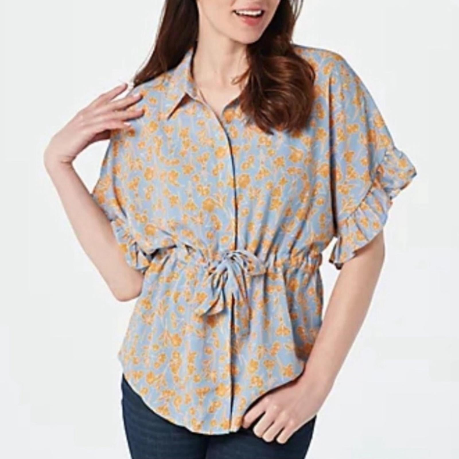 Bishop+Young Blue w/Orange Floral Drawstring Blouse Size M NWT in Packaging