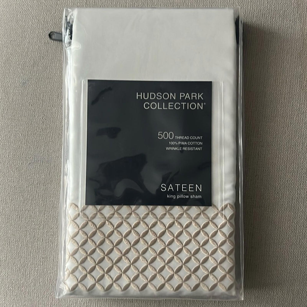 X2 Hudson Park Collection Embroidered Geo King Sham, 500Thread Count, White/Sand