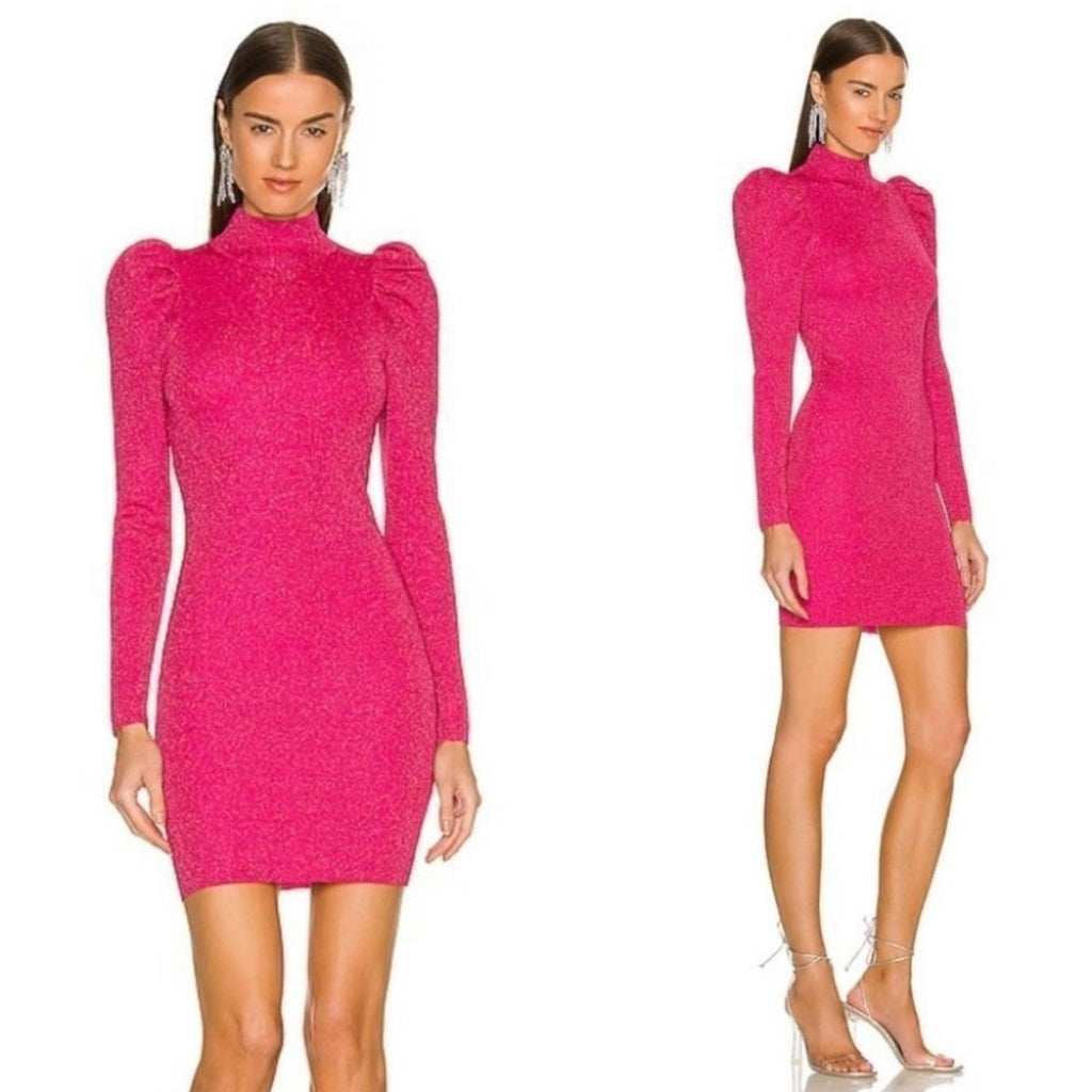Alice+Olivia Issa Turtleneck Puff Sleeve Dress, Pink Metallic Size L NWT $395