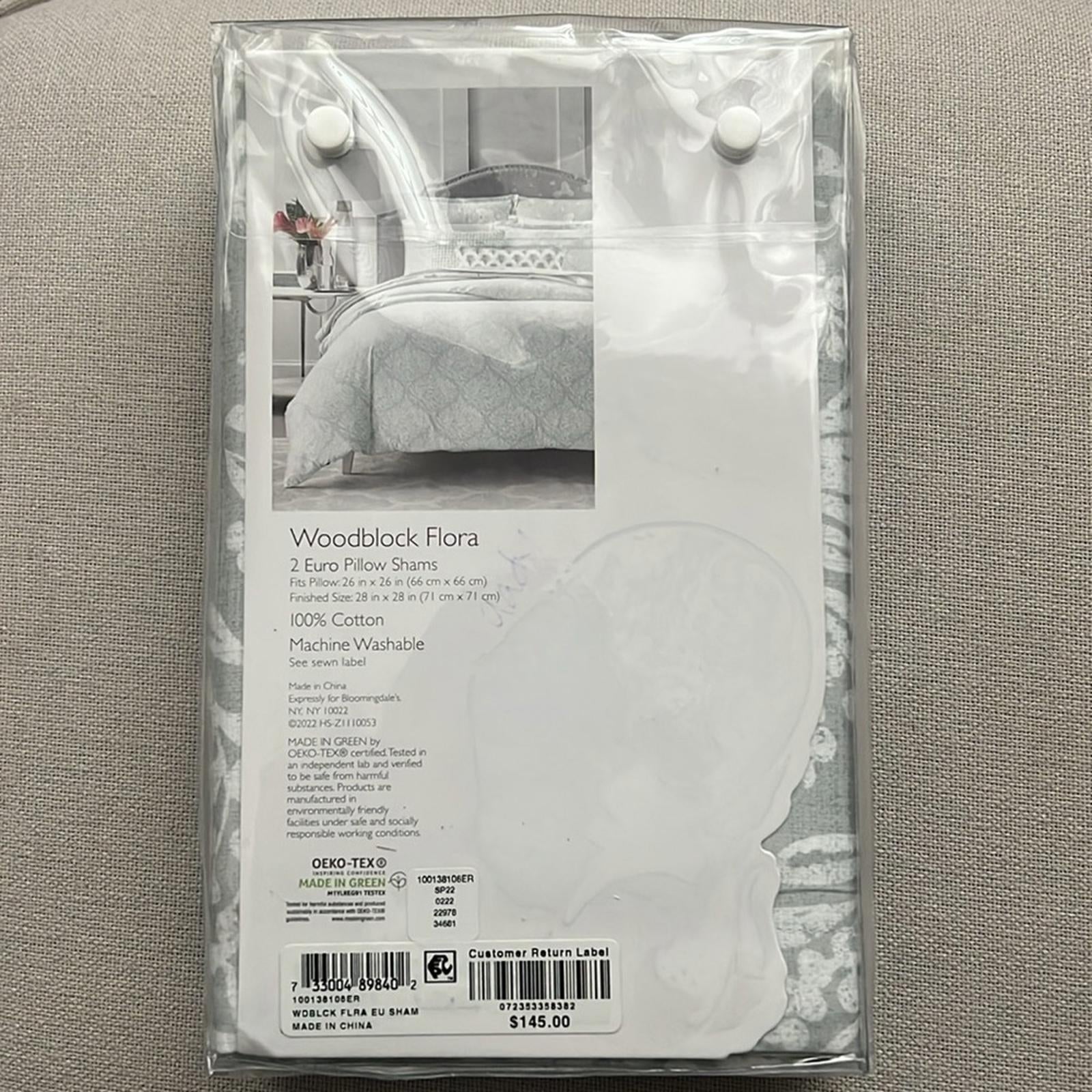 2 Sky Woodblock Flora Euro Shams in Grey/White, New w/Tag $145