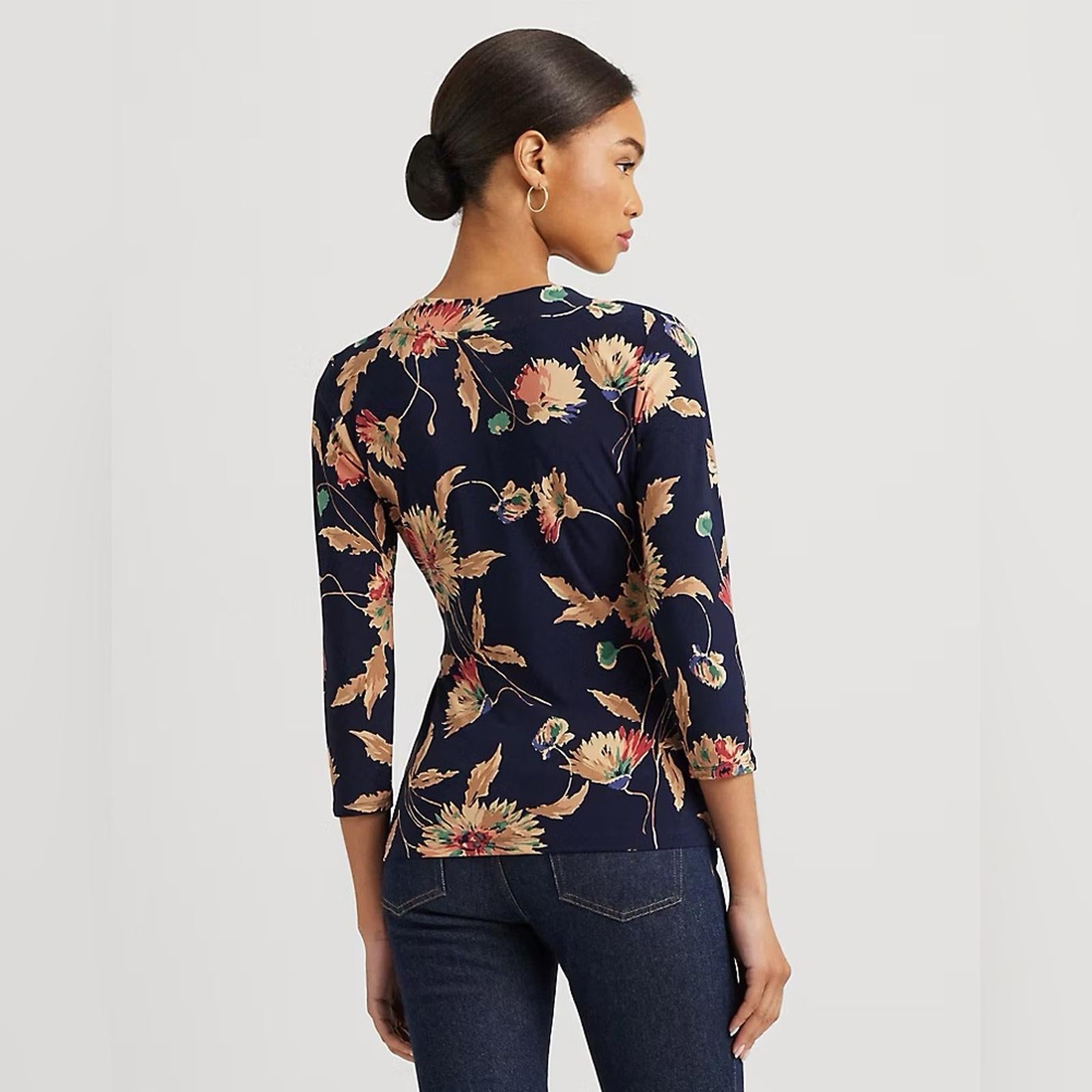 Lauren Ralph Lauren Floral Stretch Jersey Top in Navy Tan Multi Size 1X NWT