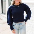 Cinq à Sept Dara Embellished Wool Sweater, Midnight Blue Size XL NEW w/Tag $325