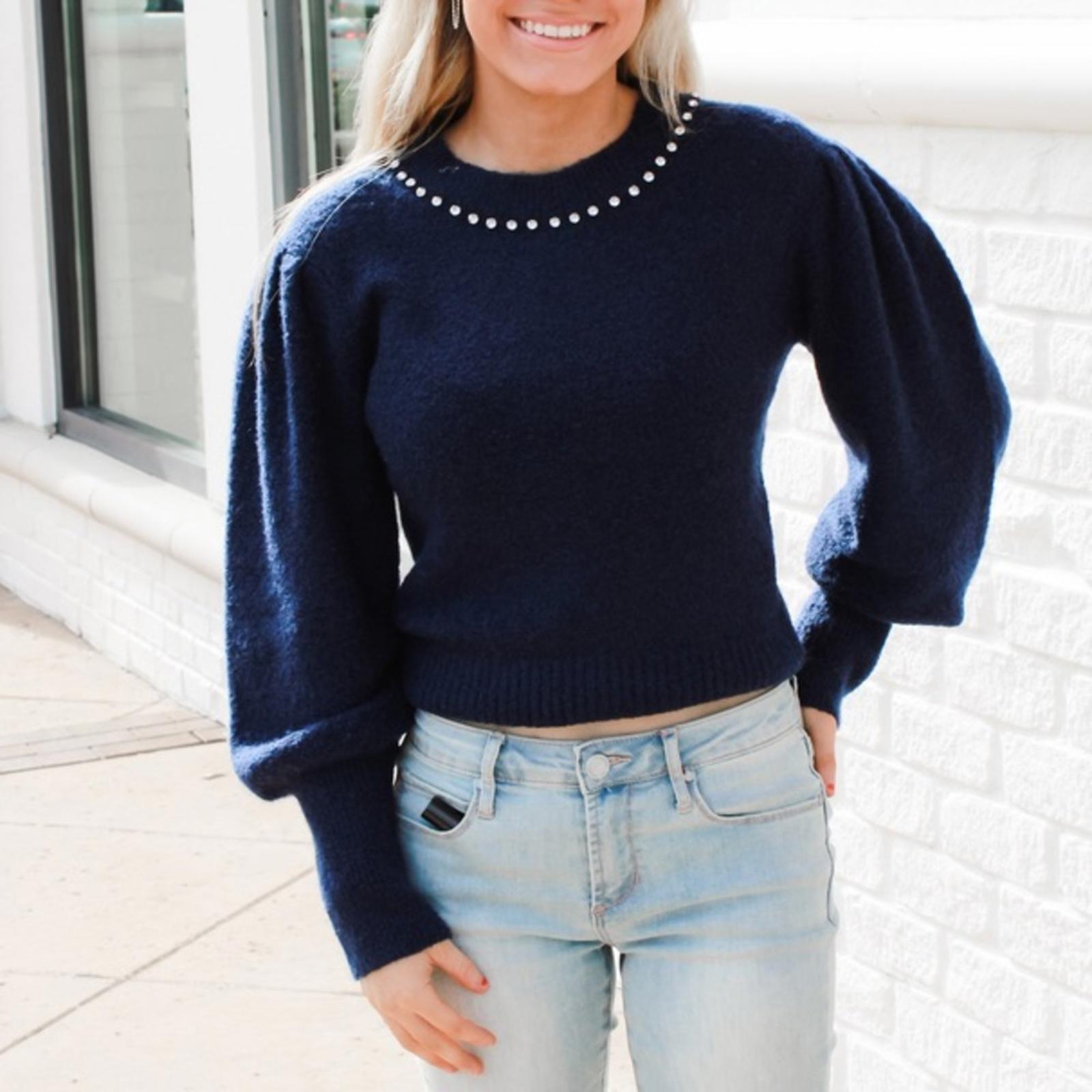 Cinq à Sept Dara Embellished Wool Sweater, Midnight Blue Size XL NEW w/Tag $325
