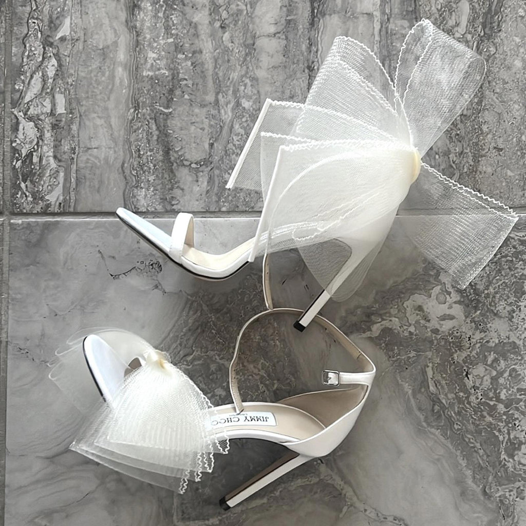 Jimmy Choo Aveline 100 Sandals w/Asymmetric Grosgrain Mesh Fascinator Bows NEW