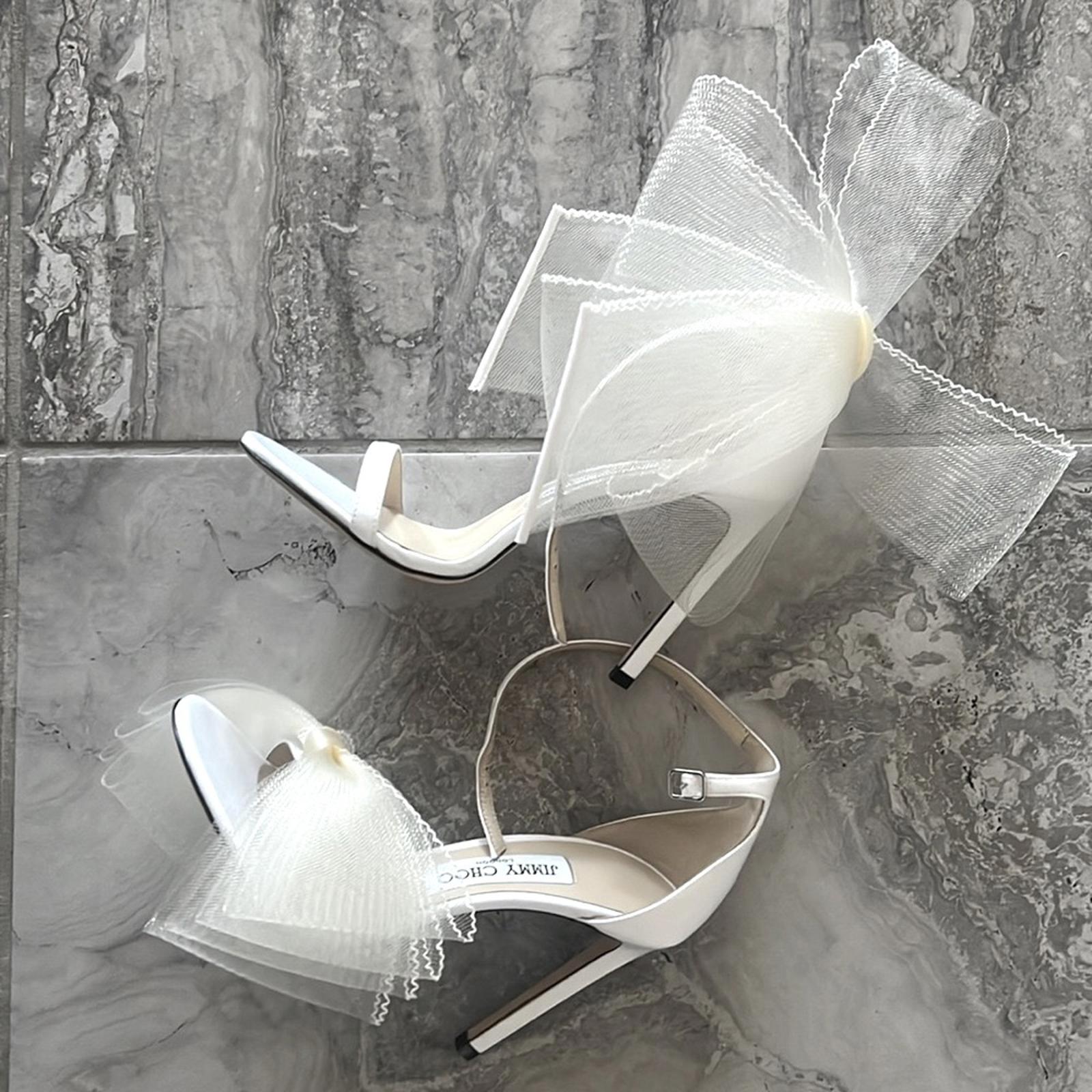 Jimmy Choo Aveline 100 Sandals w/Asymmetric Grosgrain Mesh Fascinator Bows NEW