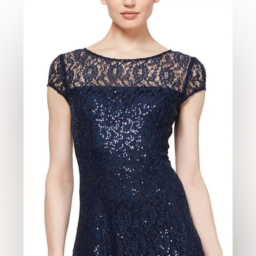 SL Fashions Sequined Lace Midi Dress in Navy, NWT, Size 16