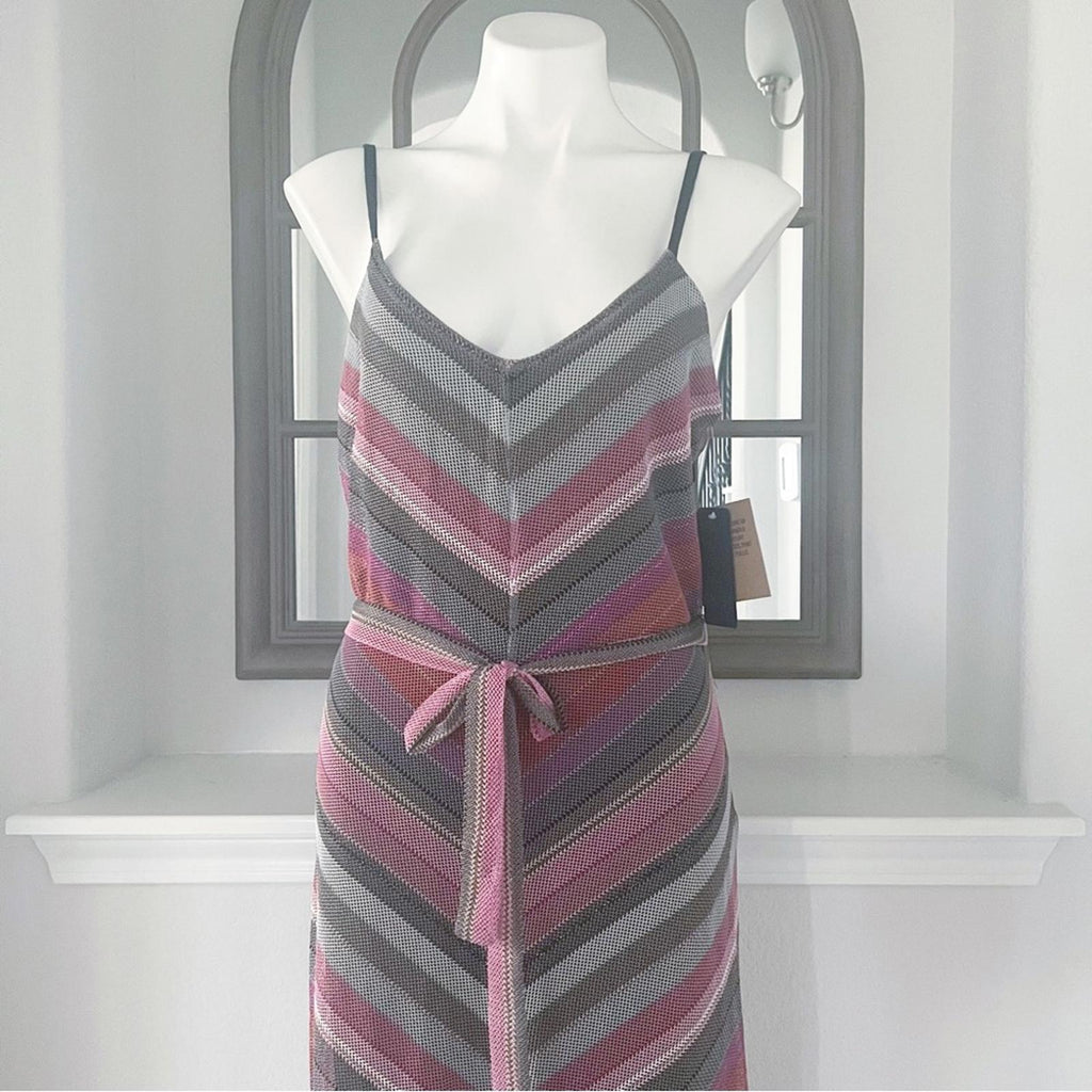 Rachel Roy Finn Metallic Striped Maxi Dress in Pink Grey, Size L New w/Tag