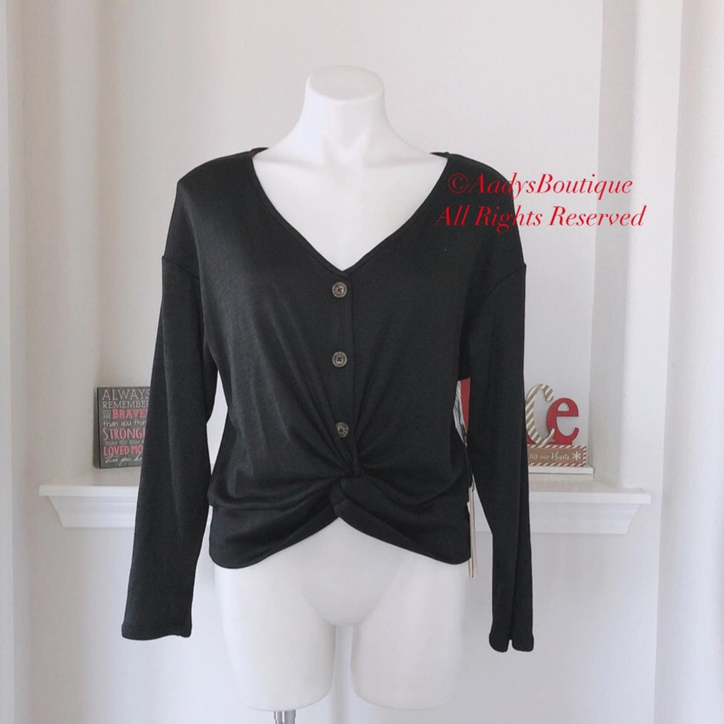 June & Hudson Knot Front Sweater in Black, Knit Long Sleeve Size XL New w/Tag