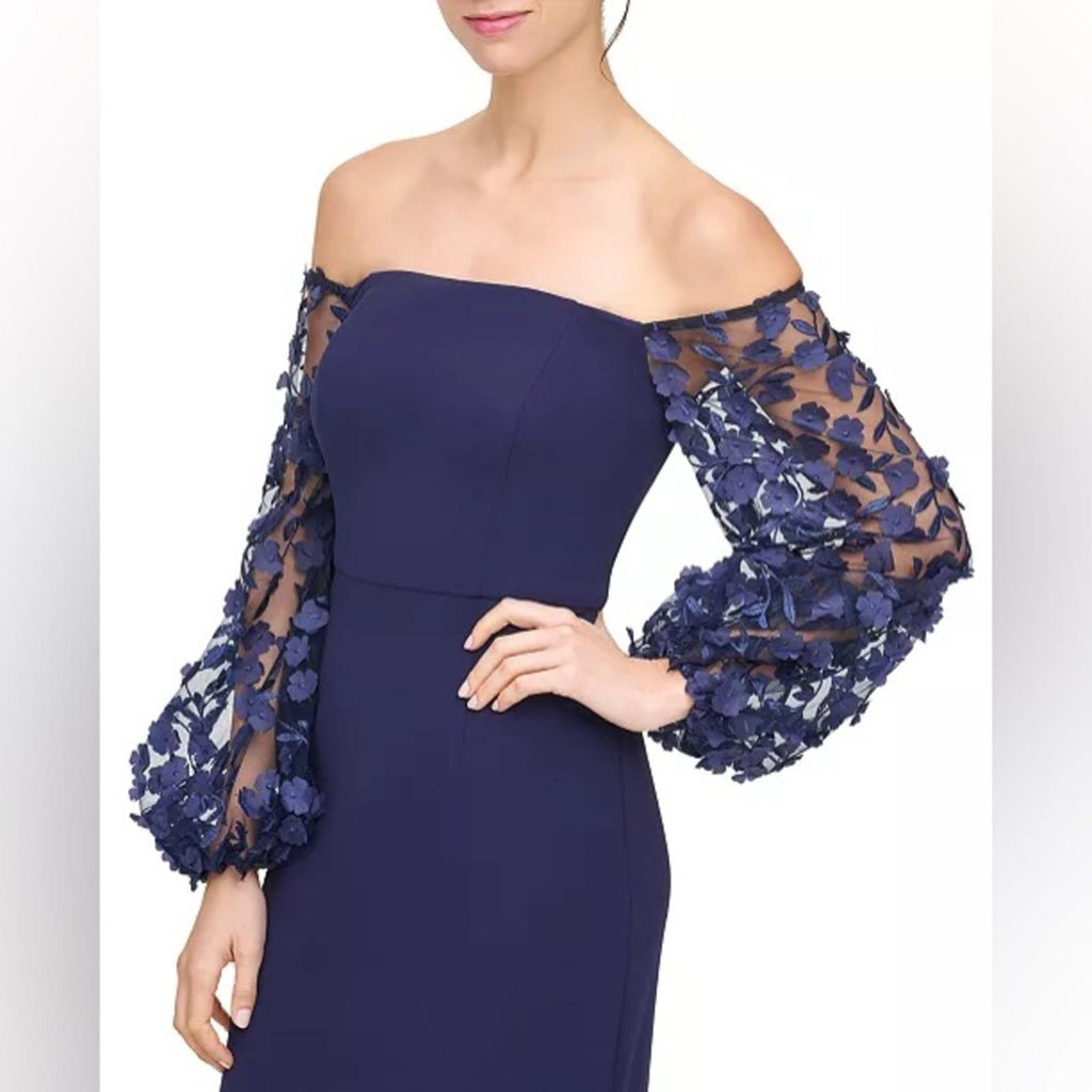 Eliza J. Off-the-Shoulder Mesh-Sleeve Gown in Navy, Size 4, New w/Tag
