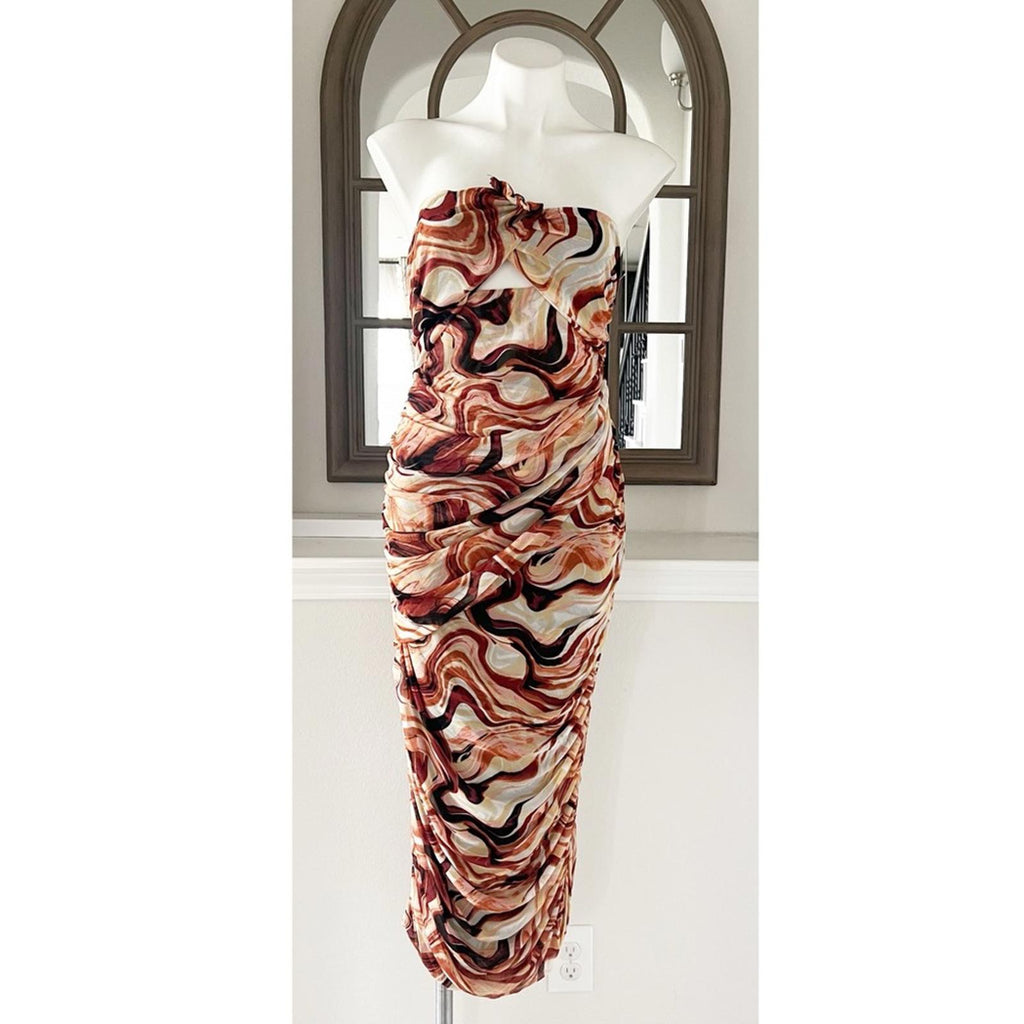 New EN SAISON Esther Ruched Cut-Out Midi Dress in Brown Size L NWOT Retail $136