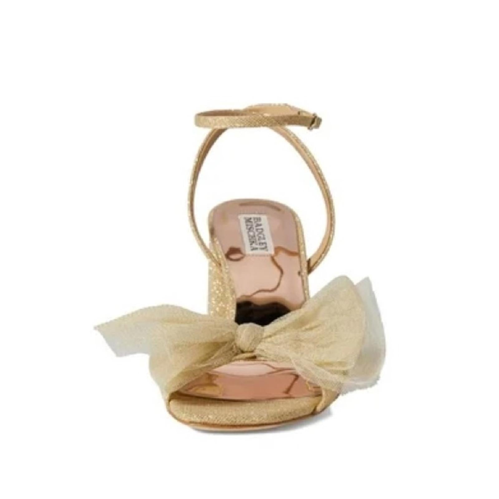 Badgley Mischka Tess Tulle Bow Block Heel Sandals in Gold Size 11 New in Box