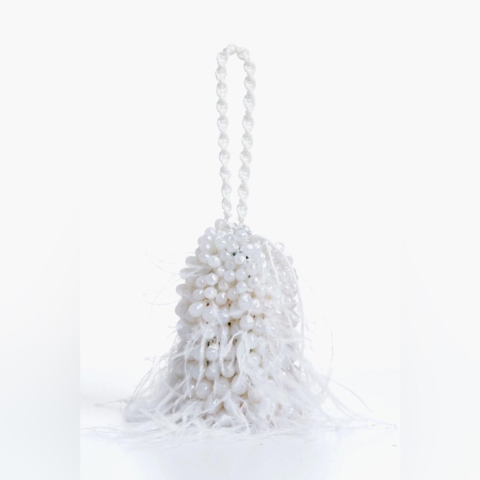Cult Gaia Dory Ostrich Feather Beaded Wristlet in White, NWT