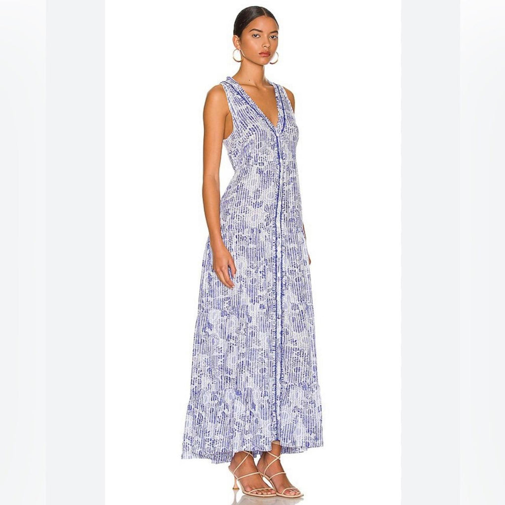 Poupette St. Barth Nana Printed Maxi Dress Revolve Blue Begonia Size L New w/Tag