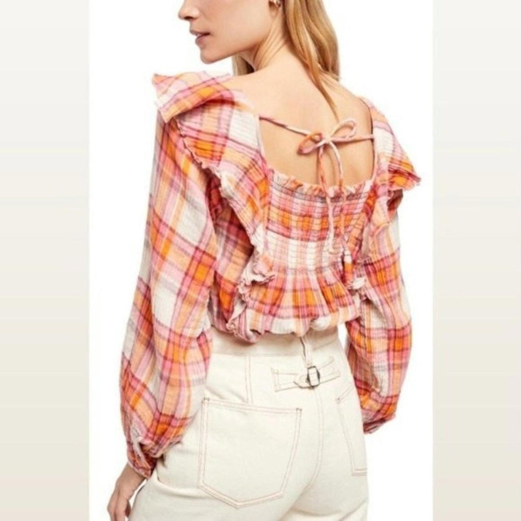 Free People Pullover Plaid Long Sleeve Ruffle Top, Size M New with Tag