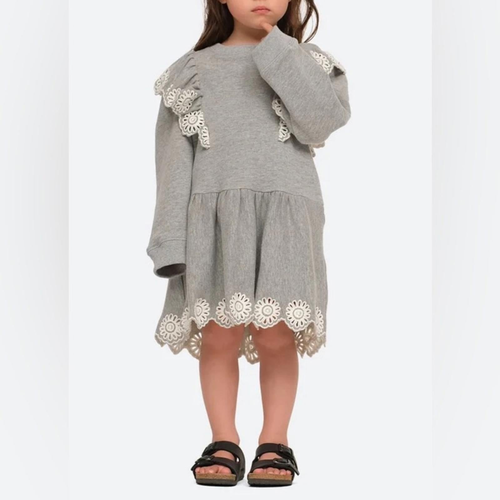 SEA Blaine Openwork Embroidery Adorned Long Sleeve Combo Dress, Grey Size 12Y