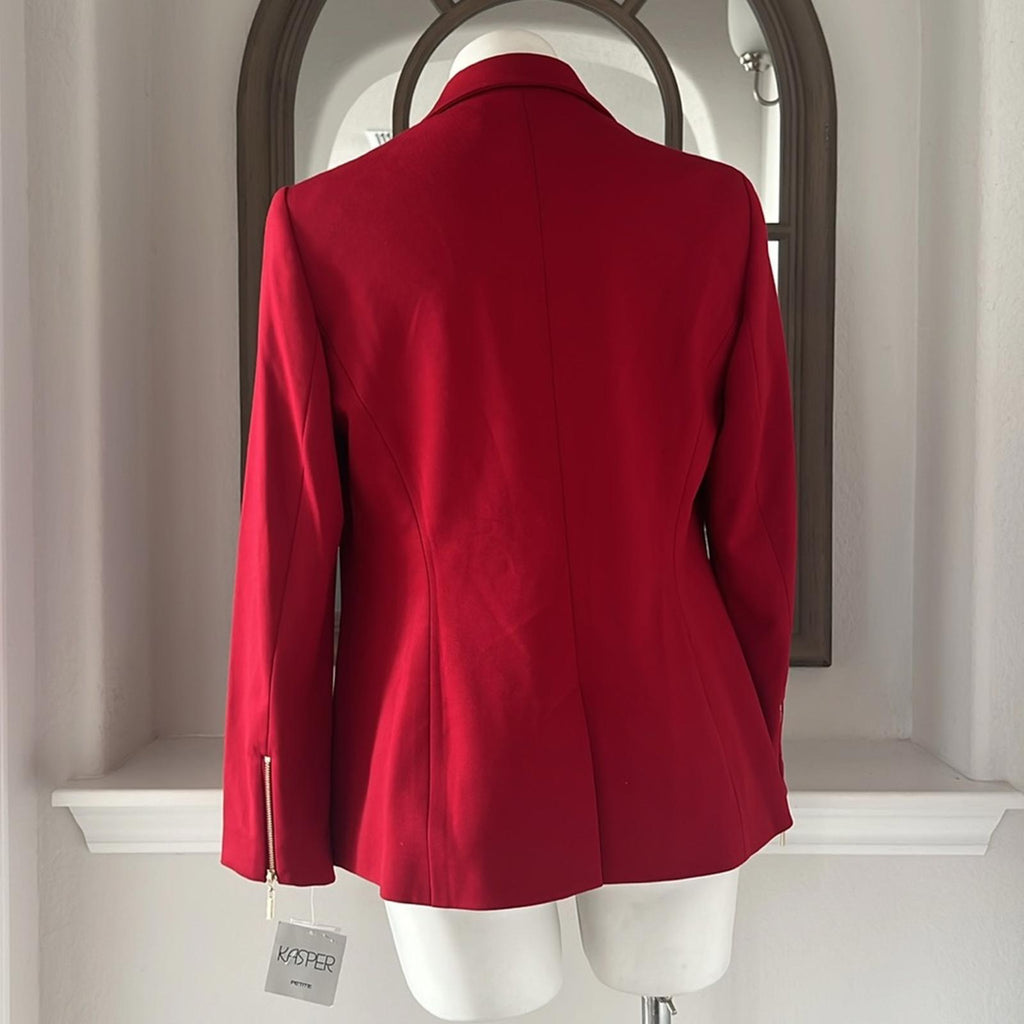 Kasper Zip Cuff Notched Collar One-Button Blazer in Red Petite Size 10, New $129