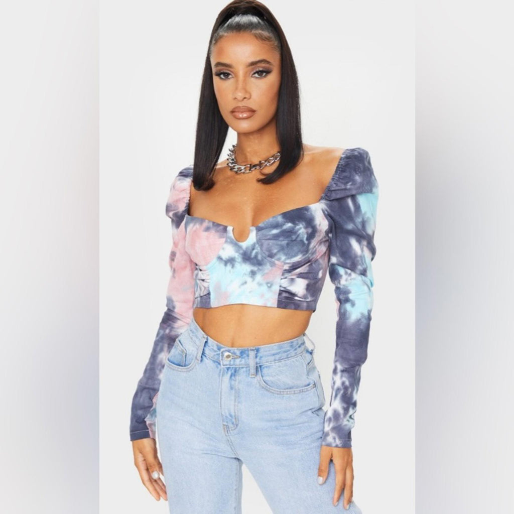 NWT PLT Purple Tie Dye Printed Cup Ruched Crop Top, Size 4 New w/Tag Retail $75