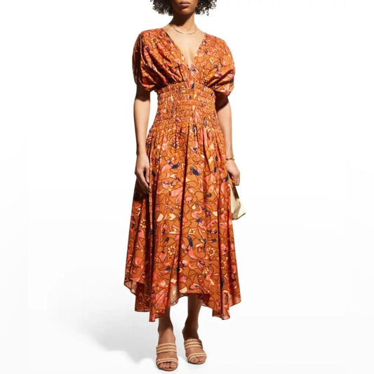A.L.C. Lucia Floral V Neck Smocked Waist A-Line Midi Dress, Size 2 New w/Tag
