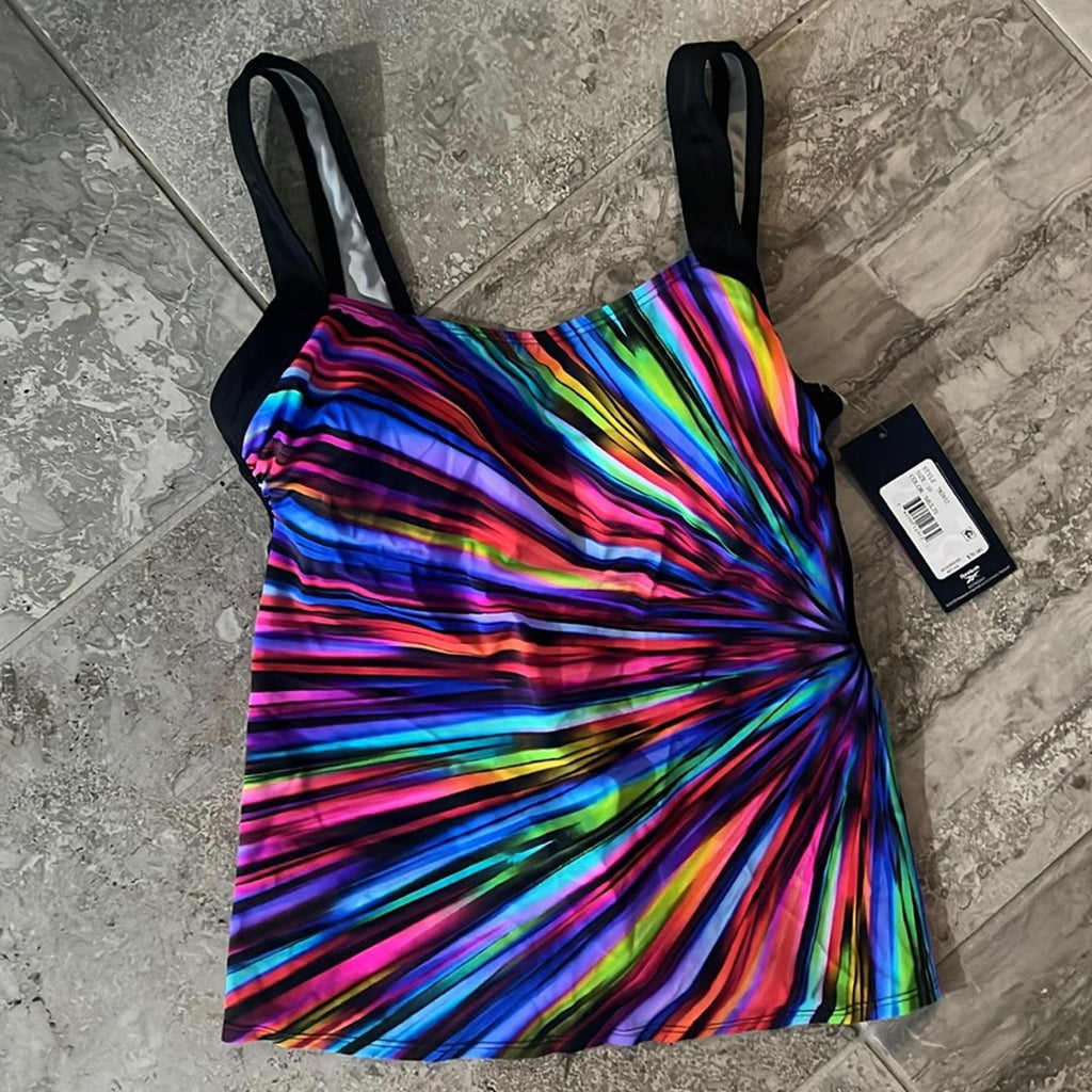 Reebok Glasswork Bust Minimizing Soft Cup Tankini Bathing Suit Top, Size 10 NWT