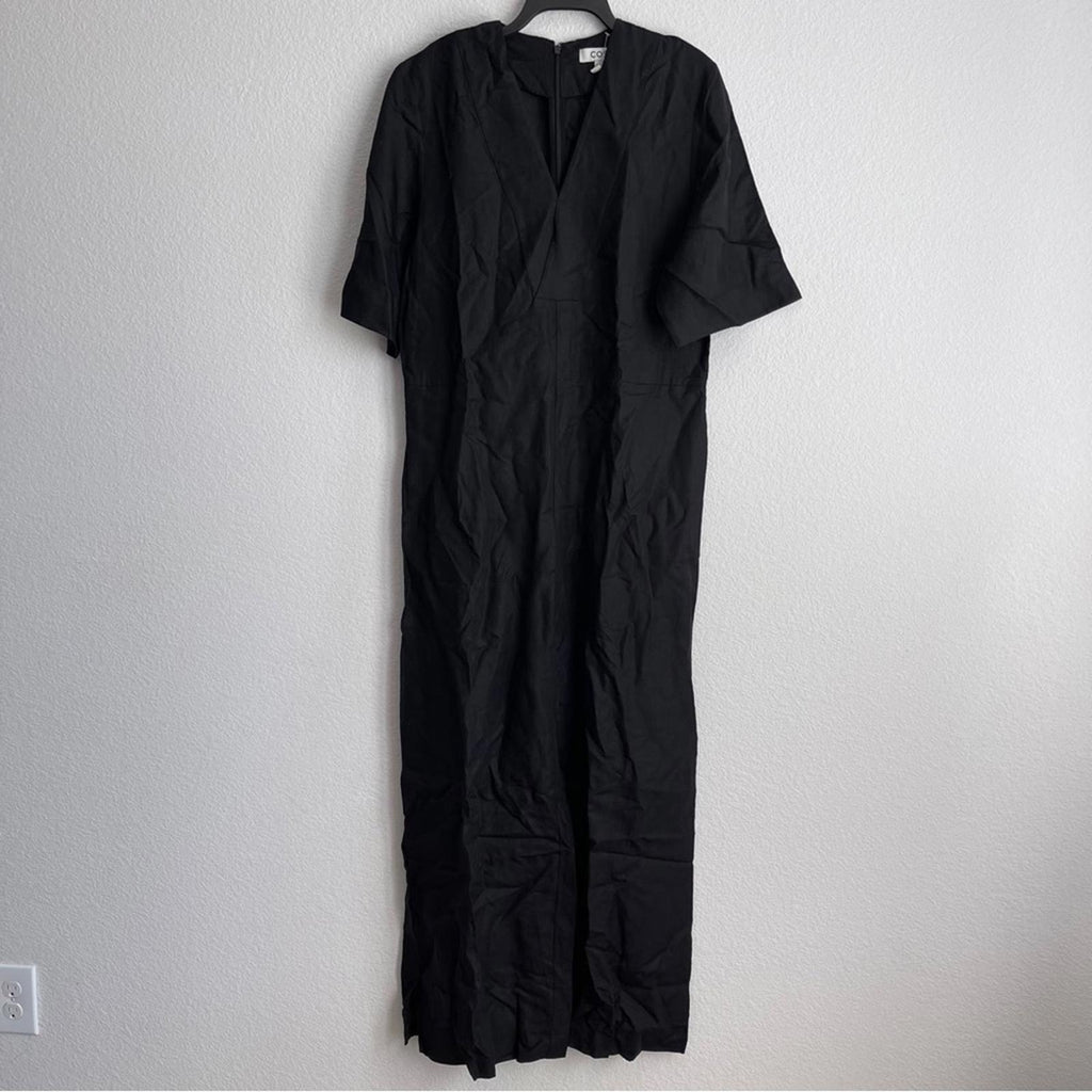 COS Linen-Blend V-Neck Short Sleeved Wide-Leg Jumpsuit,  Black Size 12 EXCELLENT