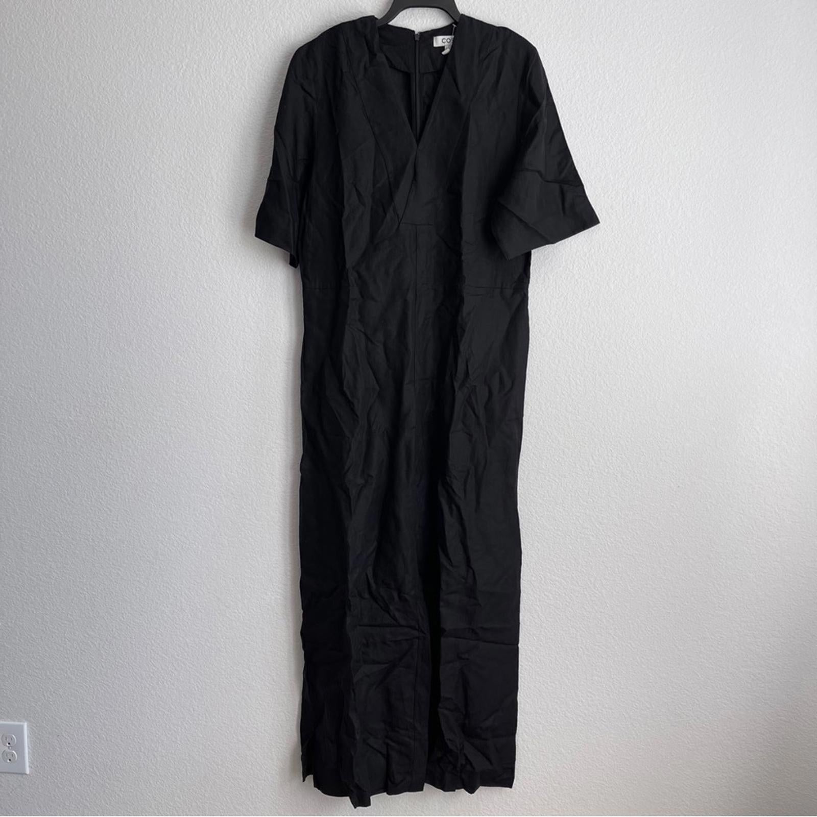 COS Linen-Blend V-Neck Short Sleeved Wide-Leg Jumpsuit,  Black Size 12 EXCELLENT