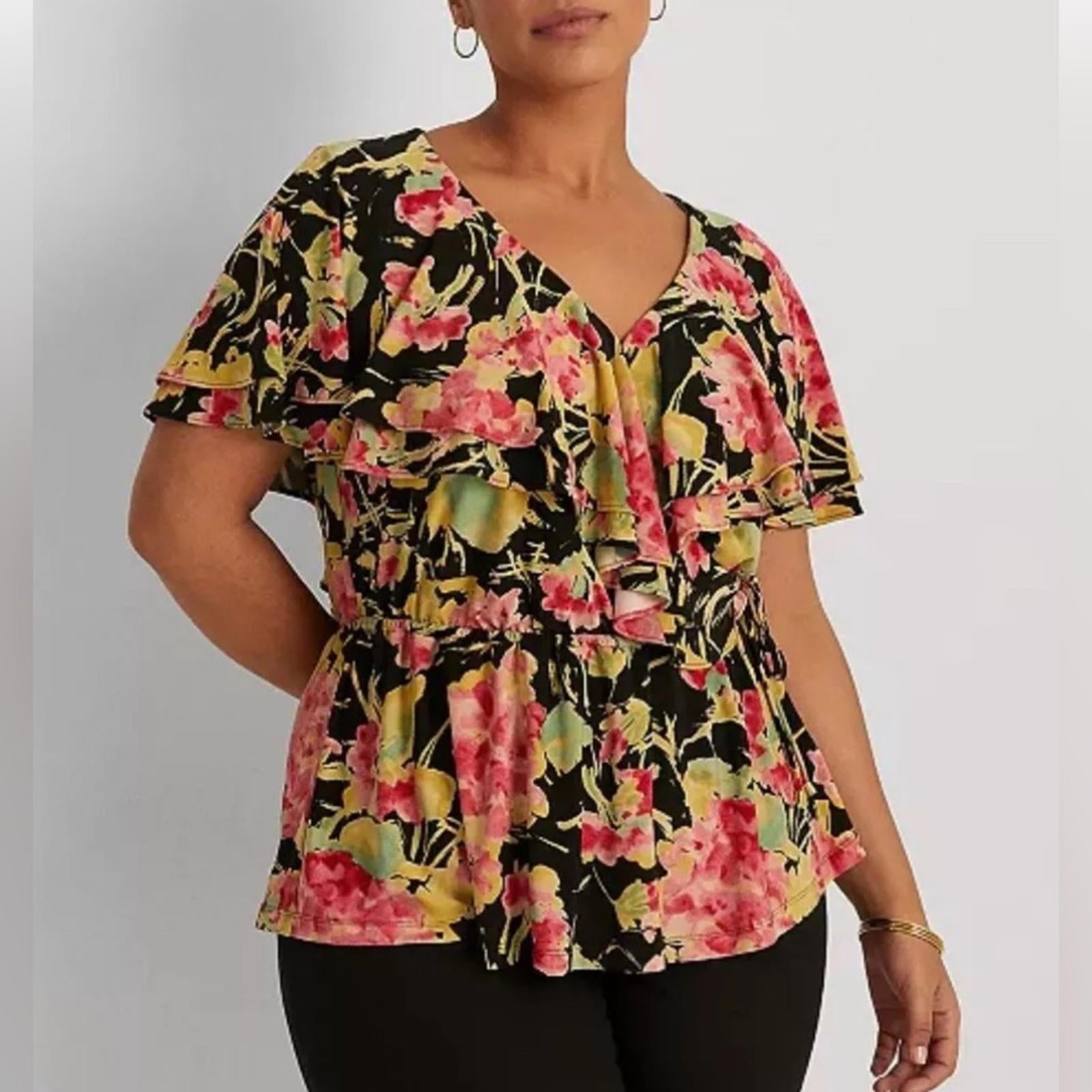 Ralph Lauren Floral Ruffle Trim Surplice Jersey Top in Black, NWT, Size L