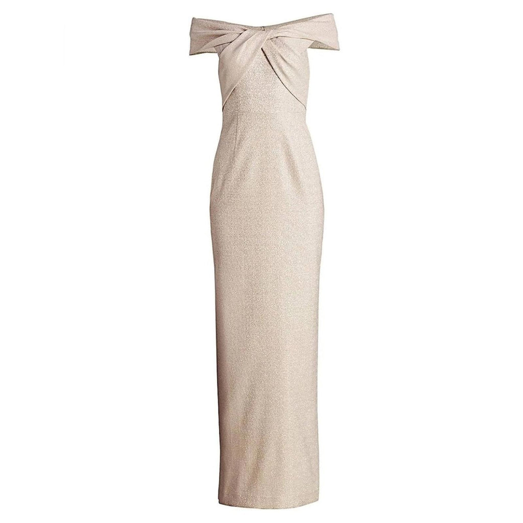 Teri Jon Metallic Jacquard Off-the-Shoulder Champagne Gown Size 4 NEW w/Tag