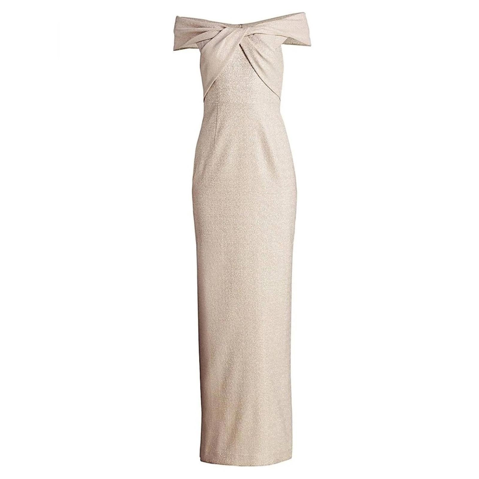 Teri Jon Metallic Jacquard Off-the-Shoulder Champagne Gown Size 4 NEW w/Tag