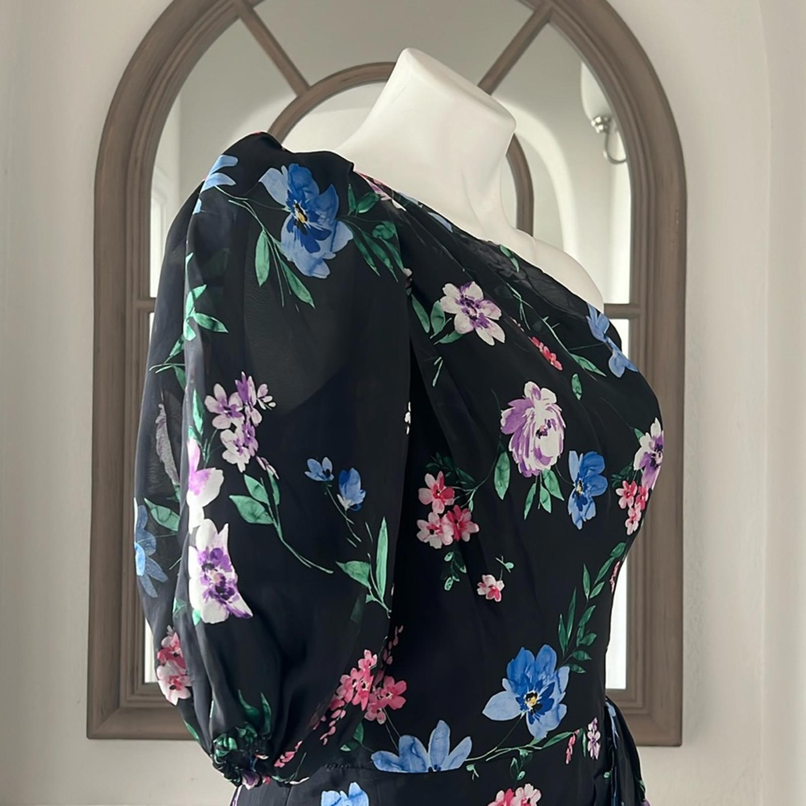 Shoshanna Midnight Gia One Shoulder Silk Floral Dress, Black Size 8 Retail $595
