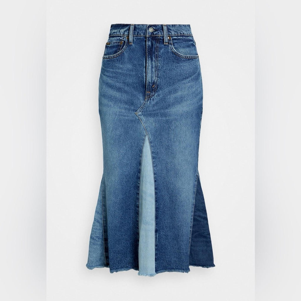 Polo Ralph Lauren Deconstructed Patchwork Denim Midi-Skirt in Blue, Size 28, NEW