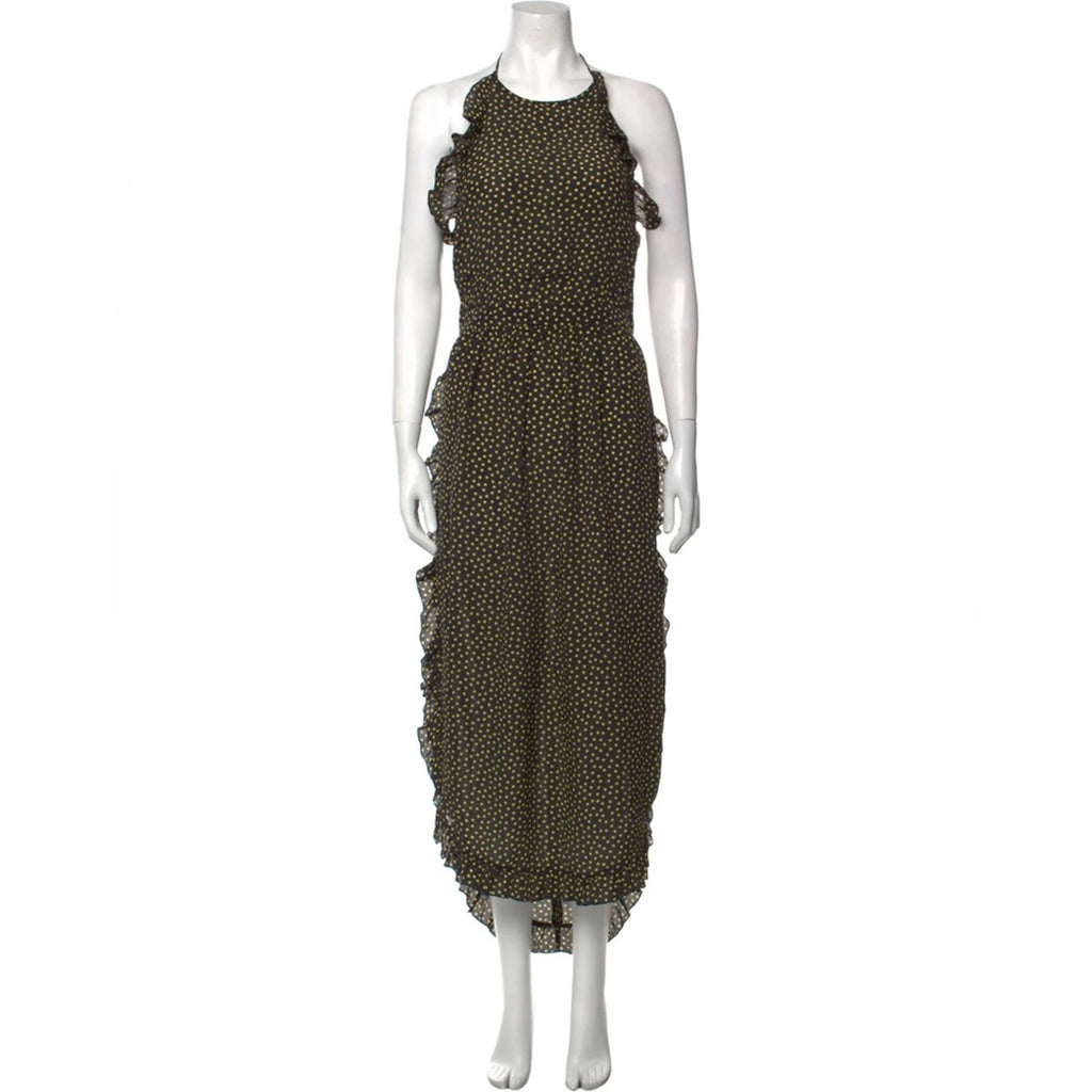 See by Chloé Dot-Print Halter Ruffle Dress, Black/Yellow Size FR40/M/8 New w/Tag