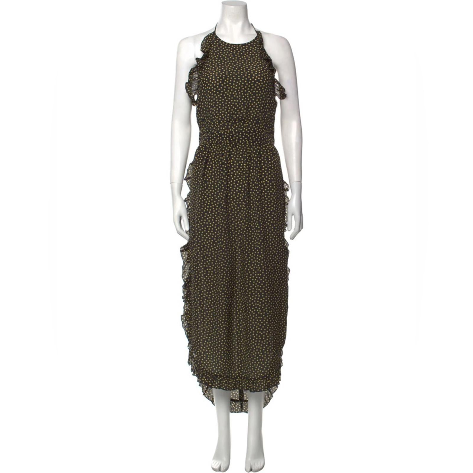 See by Chloé Dot-Print Halter Ruffle Dress, Black/Yellow Size FR40/M/8 New w/Tag