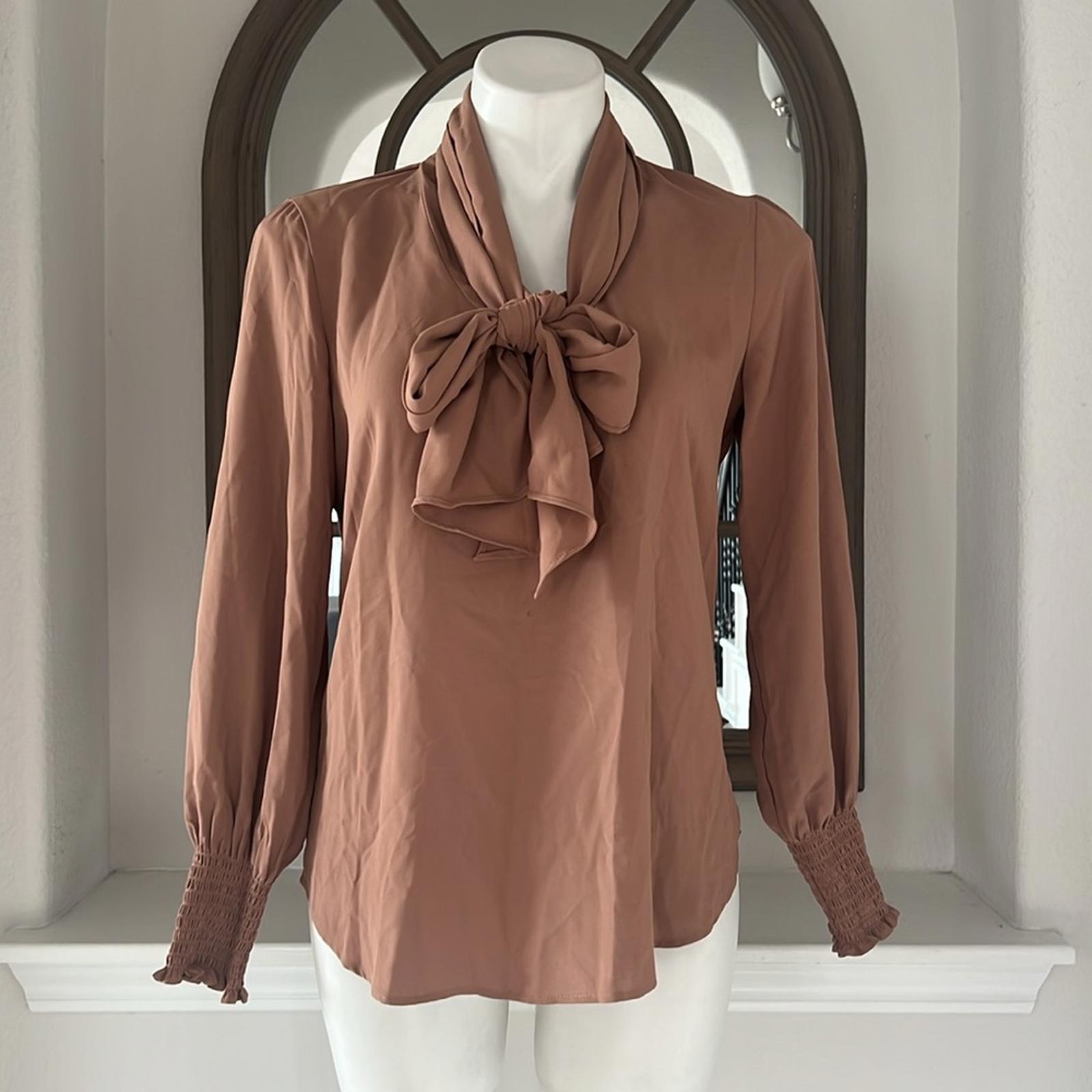 Anne Klein Blouson-Sleeve Tie-Neck Top in Brown, Size S New w/Tag, Retail $99