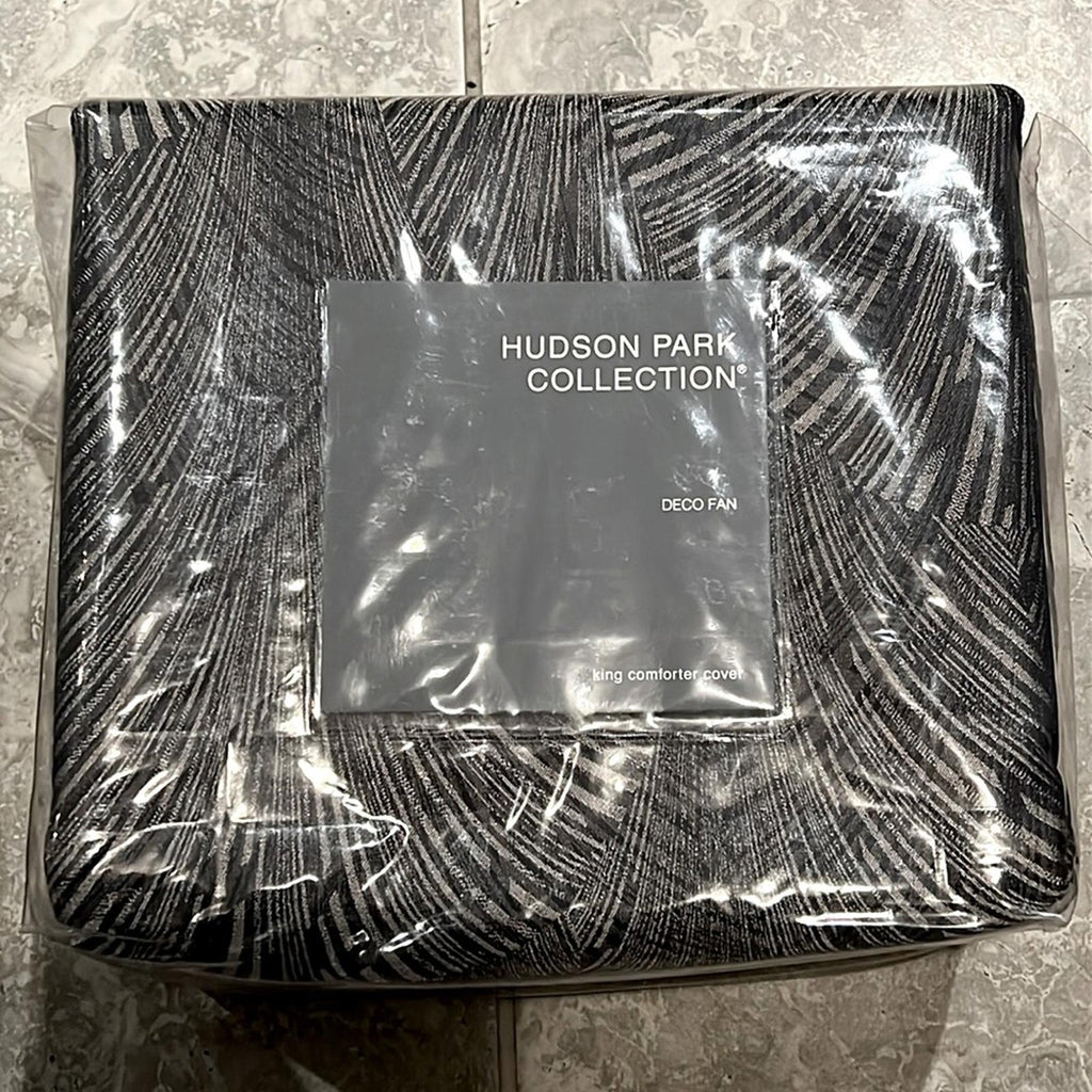 Hudson Park Collection Deco Fan King Duvet Cover, Black Grey New in Box $470
