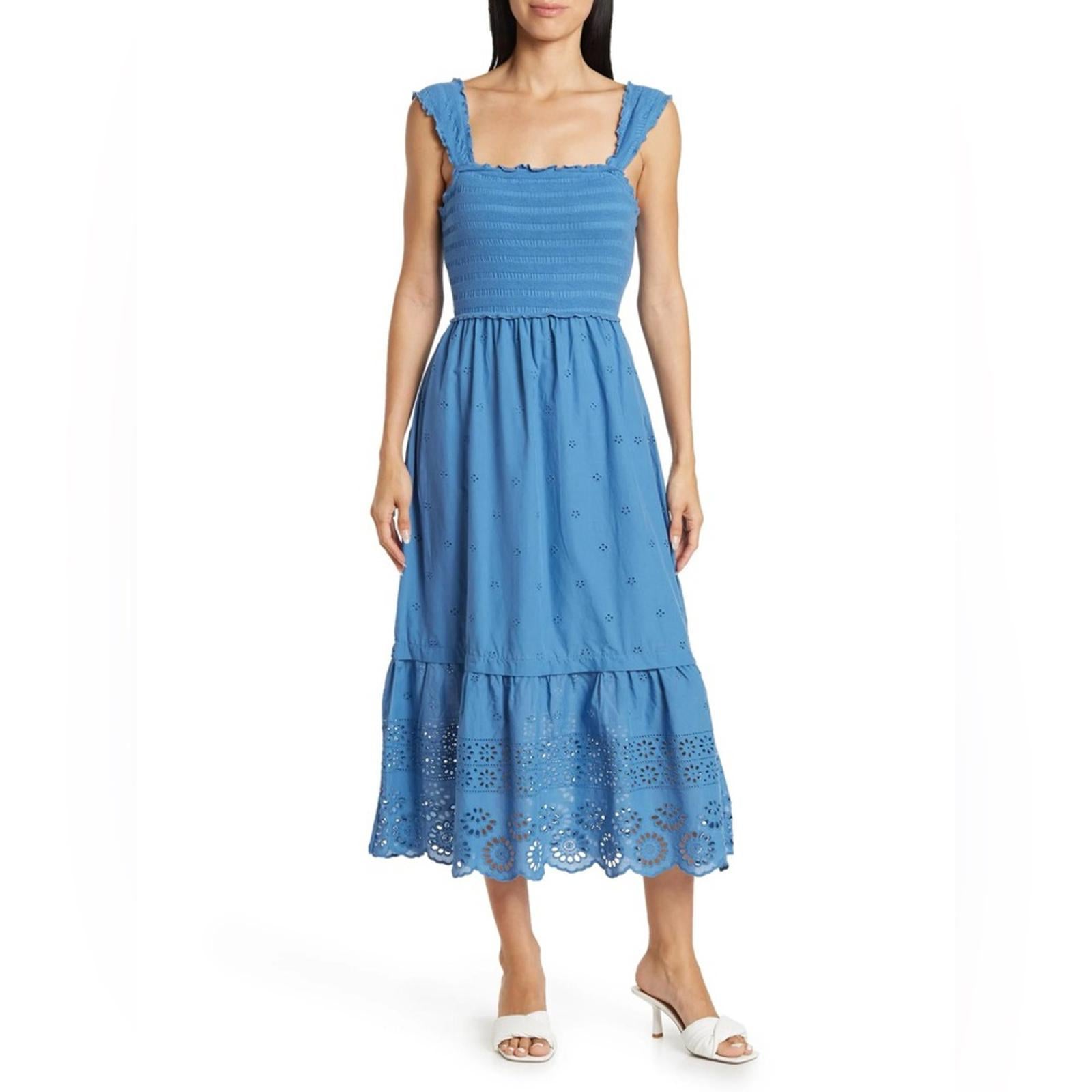 Betsey Johnson Smocked Embroidered Eyelet Midi Dress in Federal Blue, Size XL