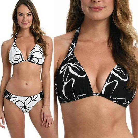 La Blanca Moonlit Reversible Halter Bikini Swim Top in Black/White US 10 NEW