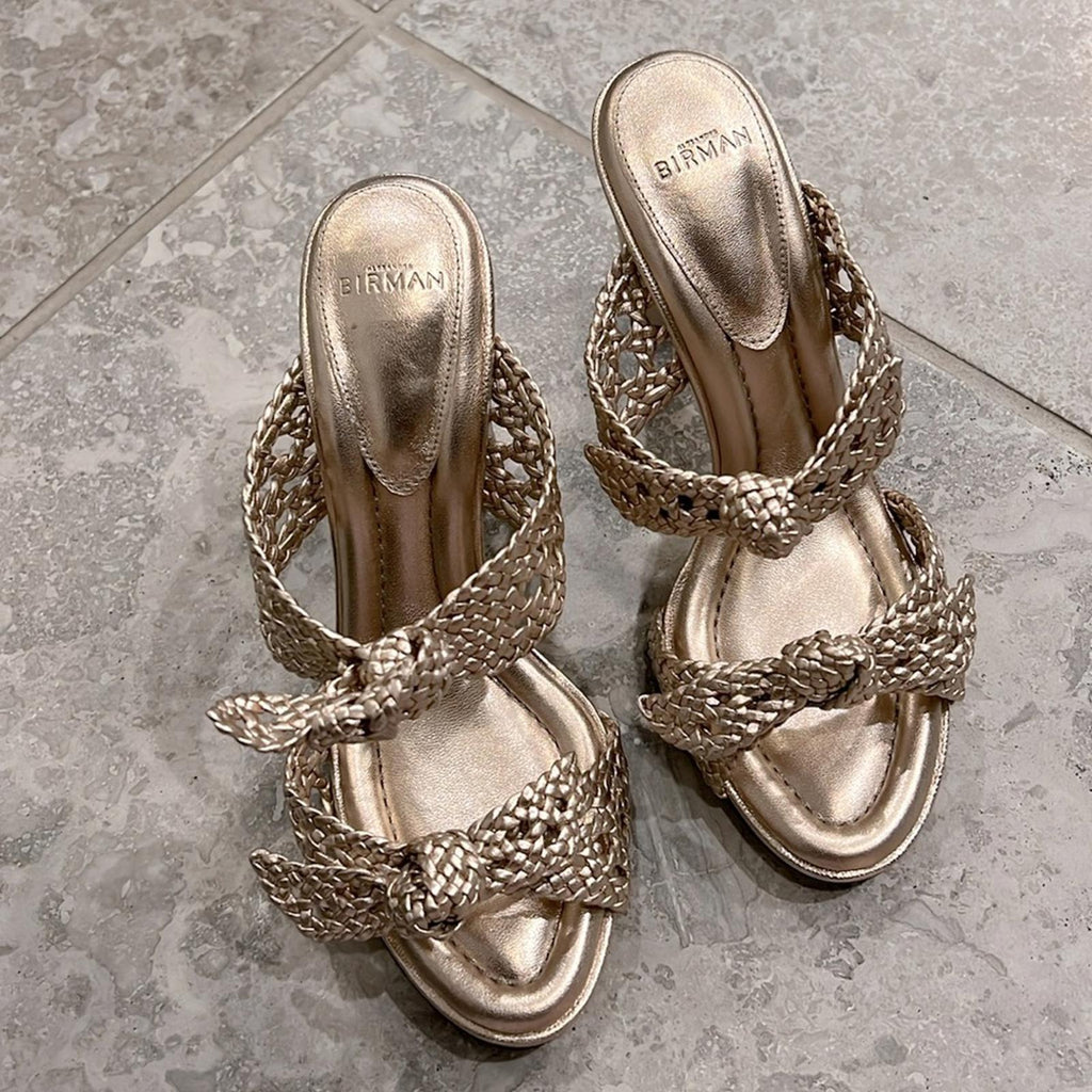 Alexandre Birman Clarita Braided Block Heel Sandals, Golden Size 37.5 NEW $795