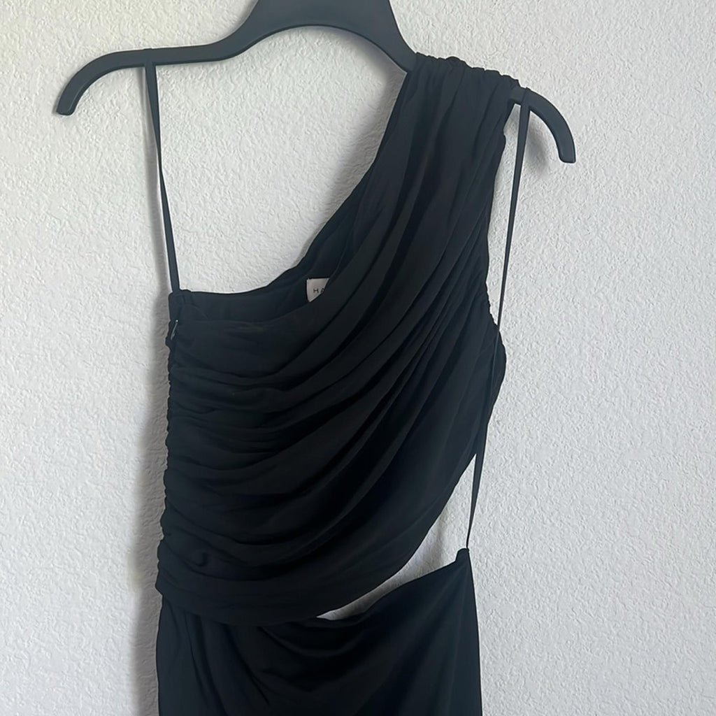 HALSTON Cassidy Ruched Cutout One Shoulder Dress in Black, NWT, Size 6