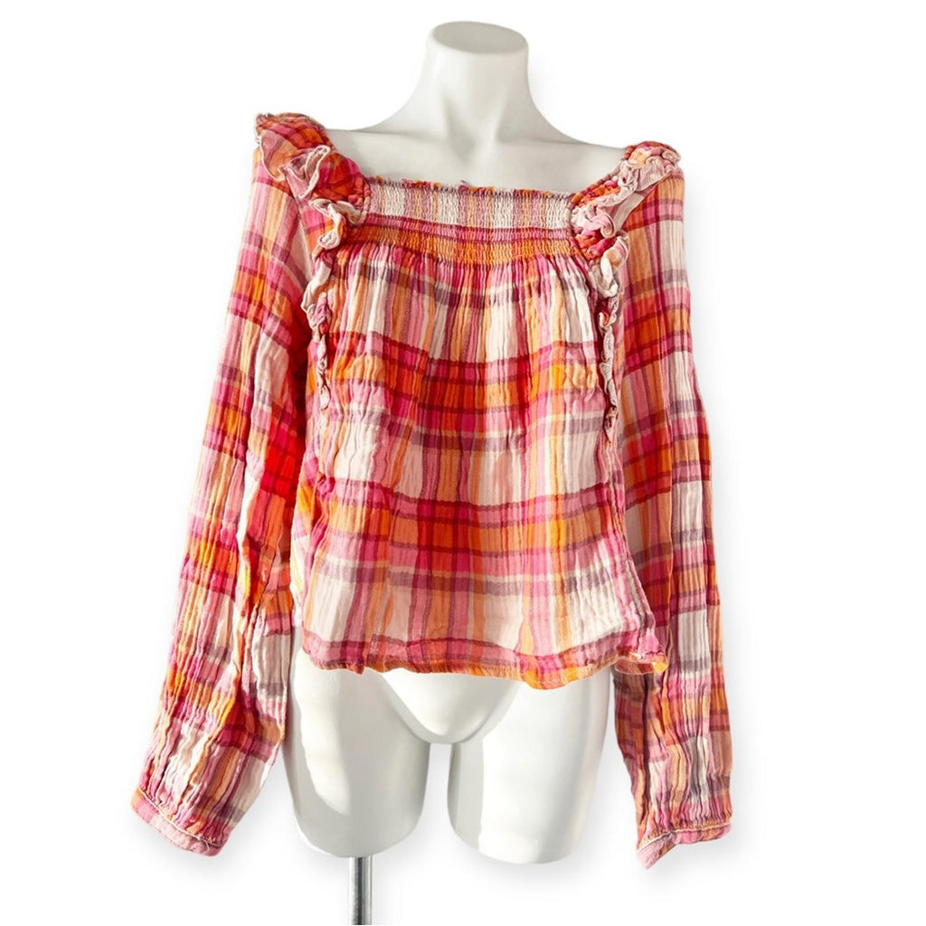 Free People Pullover Plaid Long Sleeve Ruffle Top, Size M New with Tag